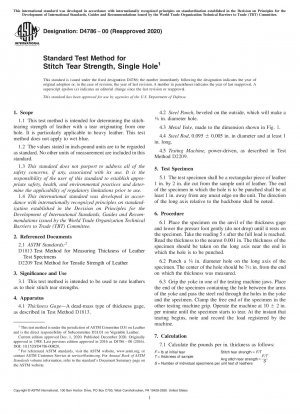 Standard Test Method for Stitch Tear Strength, Single Hole