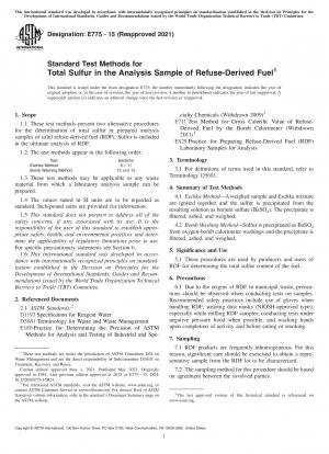Standard Test Methods for Total Sulfur in the Analysis Sample of Refuse-Derived Fuel