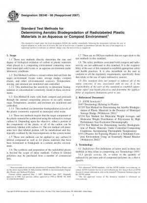 Standard Test Methods for Determining Aerobic Biodegradation of Radiolabeled Plastic Materials in an Aqueous or Compost Environment