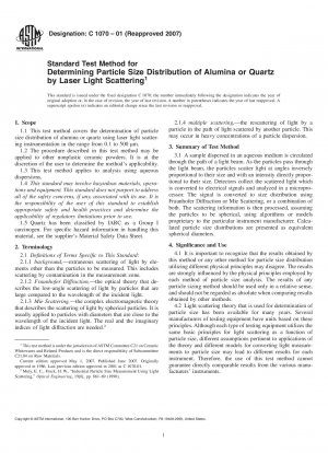 Standard Test Method for Determining Particle Size Distribution of Alumina or Quartz by Laser Light Scattering
