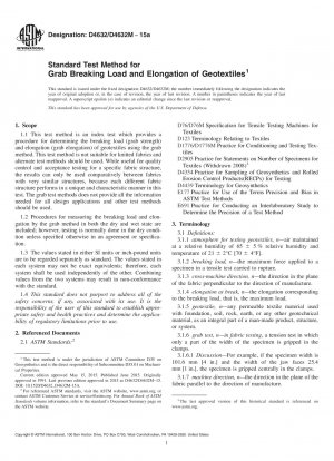 Standard Test Method for Grab Breaking Load and Elongation of Geotextiles