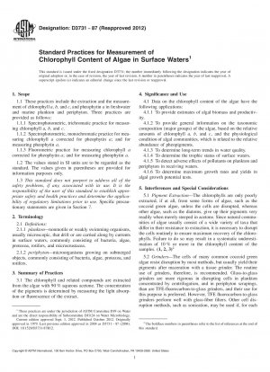 Standard Practices for Measurement of  Chlorophyll Content of Algae in Surface Waters