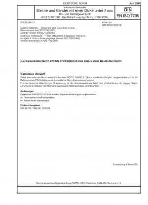 Metallic materials - Sheet and strip 3 mm thick or less - Reverse bend test (ISO 7799:1985); German version EN ISO 7799:2000