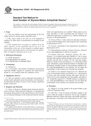 Standard Test Method for  Acid Number of Styrene-Maleic Anhydride Resins